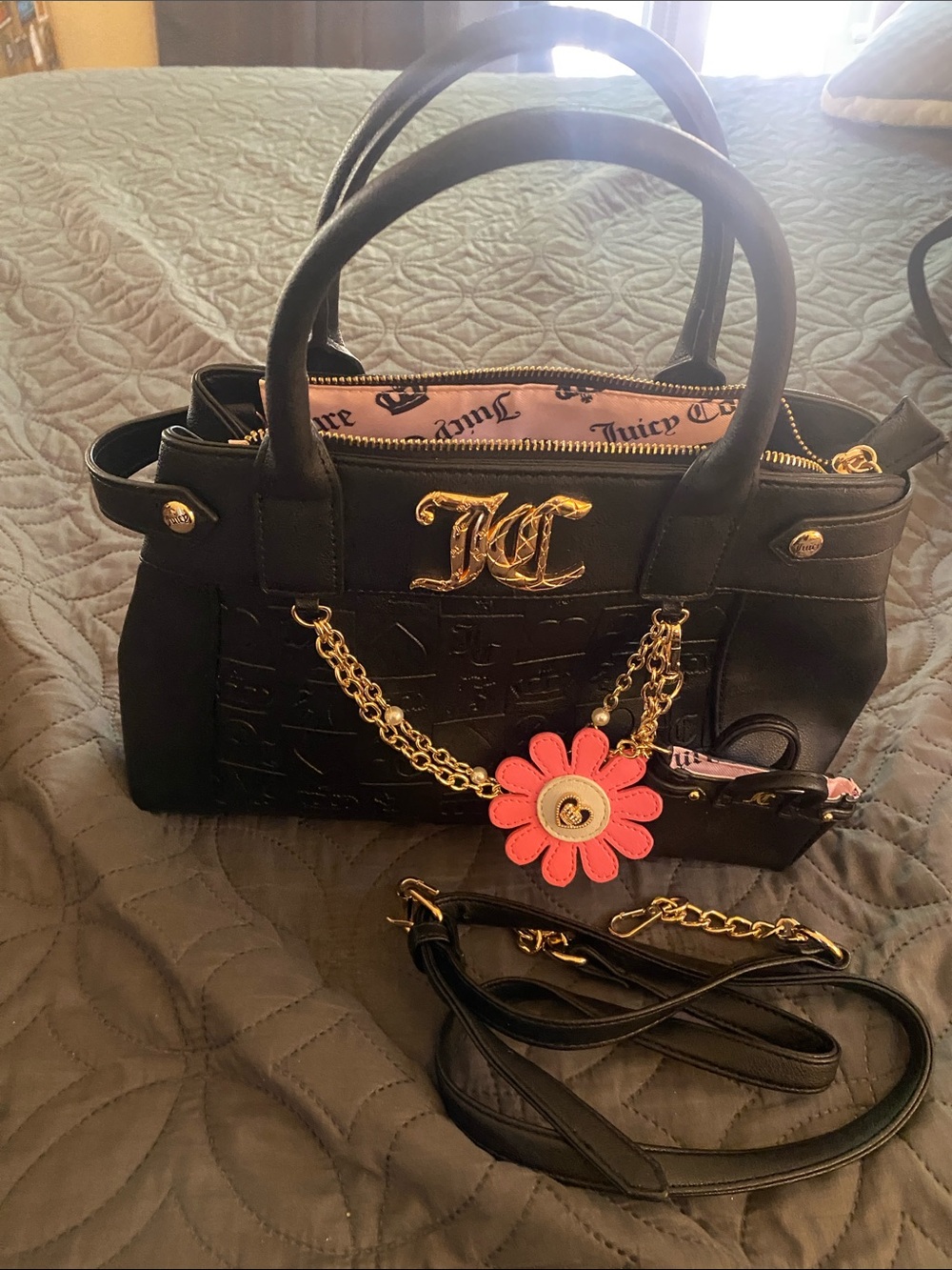 Juicy Couture Black Quilted Satchel with Gold Hardware and Pink Flower Charm
